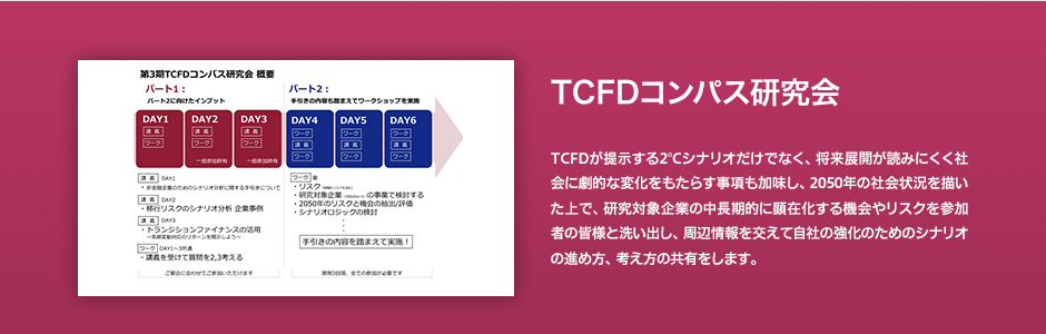 TCFDコンパス研究会。TCFDが提示する2℃シナリオだけでなく、将来展開が読みにくく社会に劇的な変化をもたらす事項も加味し、2050年の社会状況を描いた上で、研究対象企業の中長期的に顕在化する機会やリスクを参加者の皆様と洗い出し、周辺情報を交えて自社の強化のためのシナリオの進め方、考え方の共有をします。